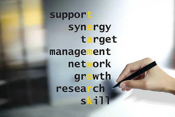 Photo of hand writing teamwork puzzle words crossword , business idea
