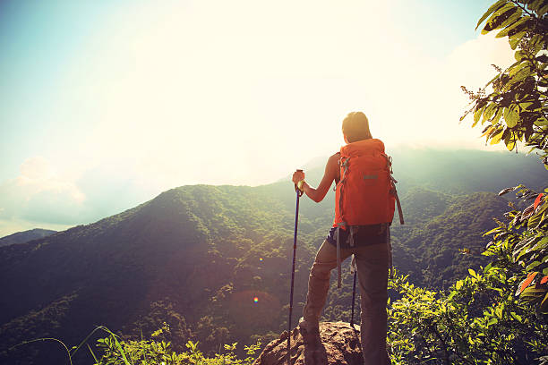 istock cheering woman hiker climbing to mountain peak 497353738