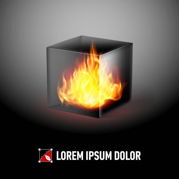 Cube with fire flames Logo Template with Black cube and fire flames inside flamable symbol stock illustrations