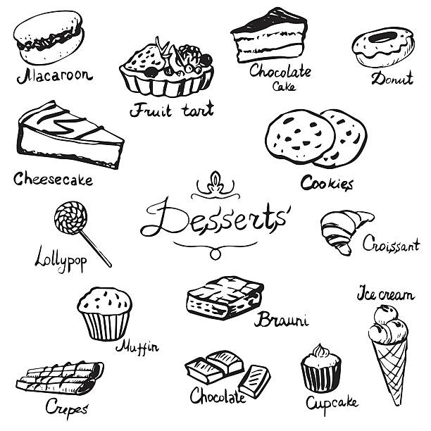 desserts set - macaroon french cuisine cake cookie stock-grafiken, -clipart, -cartoons und -symbole