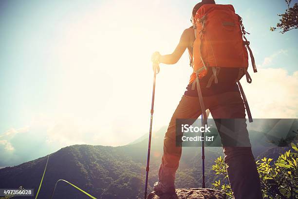 Begeisterte Frau Wanderer Klettern Mountain Peak Stockfoto und mehr Bilder von Wandern - Wandern, Berg, Hinauf bewegen