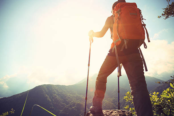 successful woman hiker climbing to mountain peak