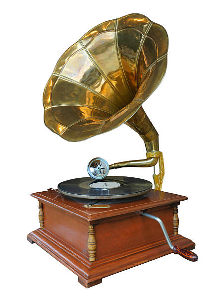 Vintage Gramophone Antique gramophone with a record isolated on white background. gramophone stock pictures, royalty-free photos & images