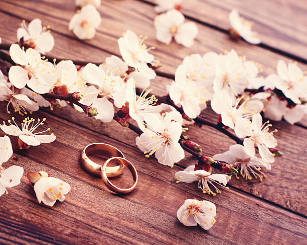 istock Flowering branch with white delicate flowers on wooden surface 497371185