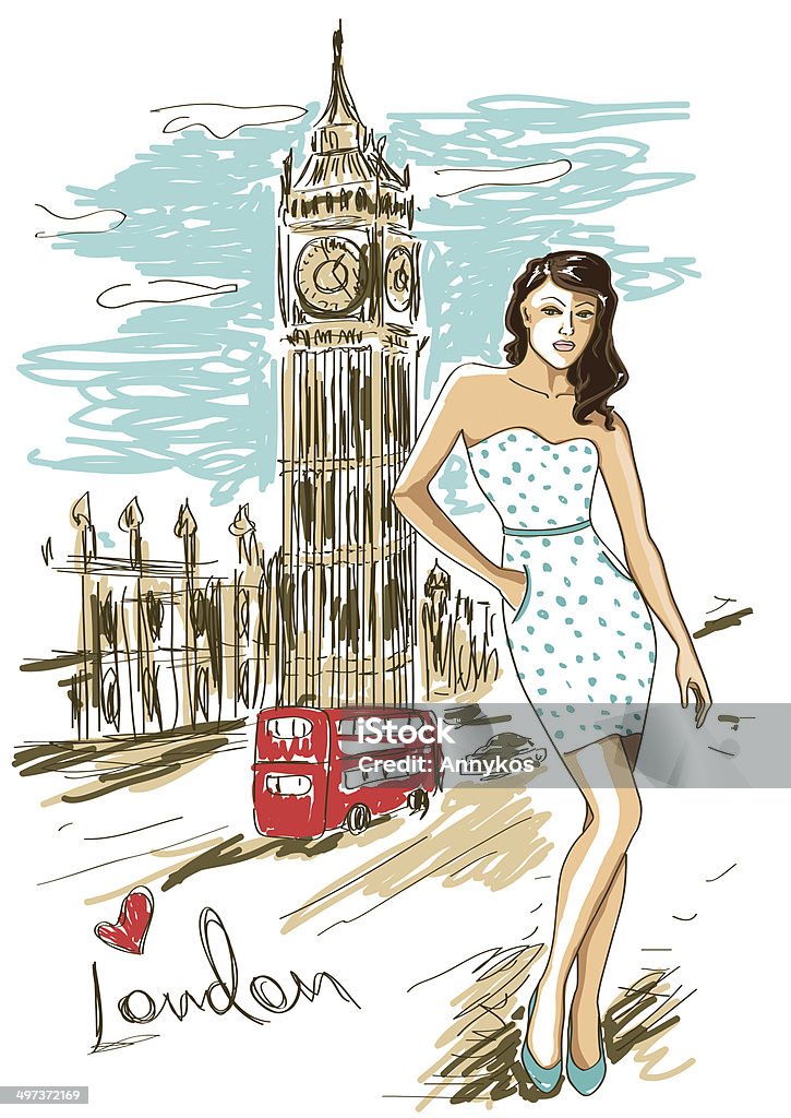 Fashion girl in London Sketch illustration of fashion girl and Big Ben In London Adult stock vector