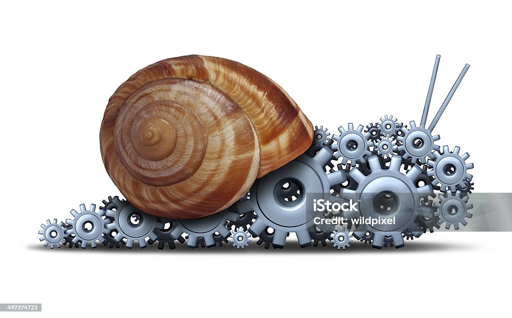 Slow Business Slow Business concept as a snail shaped as a group of gears and cogs as a financial motor metaphor for sluggish progress technology and innovation delays or economic engine progress on a white background. Gear - Mechanism Stock Photo