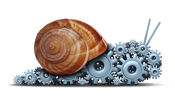 Slow Business concept as a snail shaped as a group of gears and cogs as a financial motor metaphor for sluggish progress technology and innovation delays or economic engine progress on a white background.