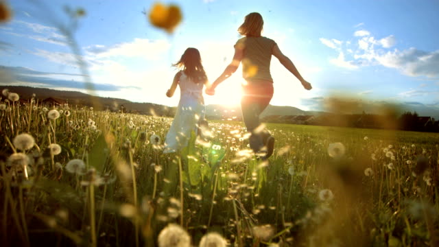 HD1080p: Super Slow Motion shot of a mother and her little daughter running in the meadow at sunset. Rear-view tracking shot.