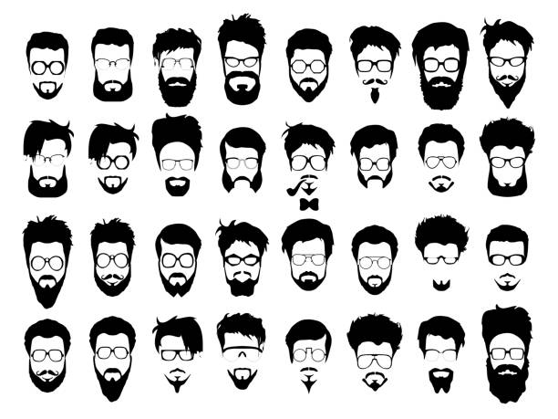 Vector set of hipster style haircut, glasses, beard, mustache Vector set dress up constructor. Different men faces hipster geek style haircut, glasses, beard, mustache, bowtie, pipe. Silhouette icon creation kit. Design flat avatar for social media or web site facial hair stock illustrations