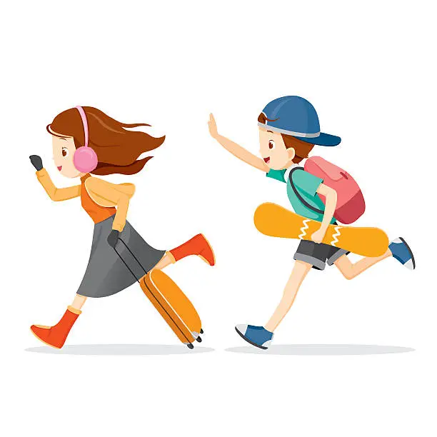 Vector illustration of Boy And Girl Running To Travel