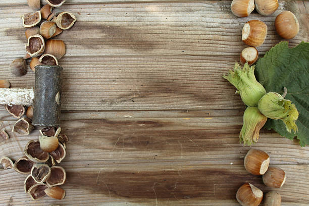 Hazelnut and cracked nutshell frame on old wooden background