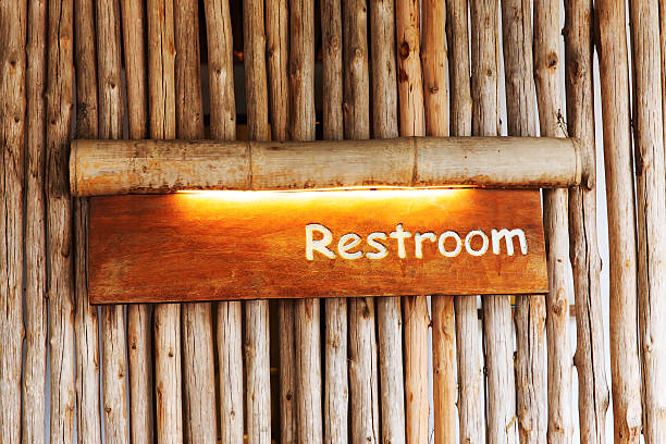 istock Sign restroom are made of bamboo. 497386244