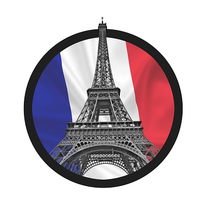 Eiffel Tower symbolizing peace sign, french flag tricolor in the background