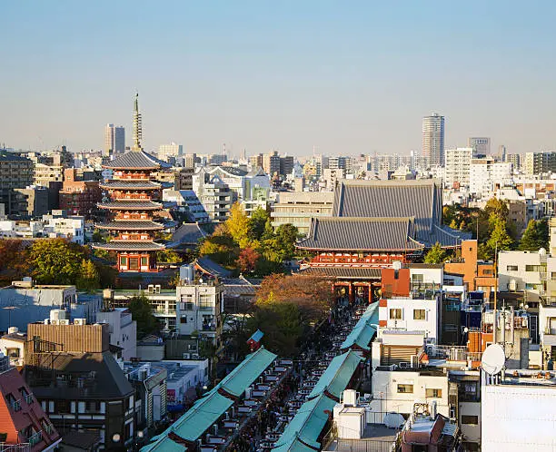 Aerial view of Senso-ji Temple in Asakusa, Tokyo, Japan.