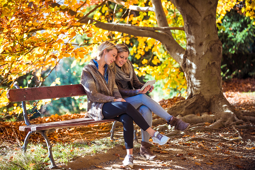 Two friends enjoy fall colours laughing and speaking on a bench in the park