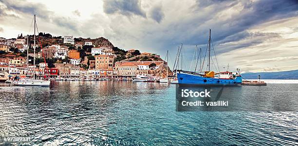 Panorama Of The Port Of Hydra Greece Under Moody Sky Stock Photo - Download Image Now