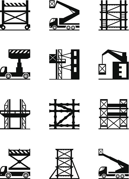 Scaffolding and construction cranes icon set Scaffolding and construction cranes icon set - vector illustration mobile crane stock illustrations