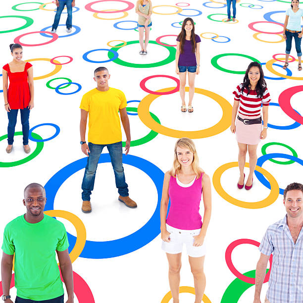 Group of Multiethnic Socially Connected People on Colourful Circles