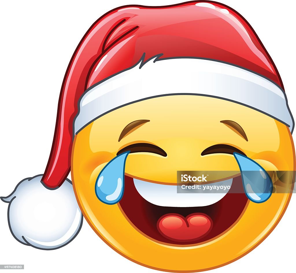 Tears of joy emoticon with Santa hat Laughing tears of joy emoticon with Santa hat Laughing stock vector