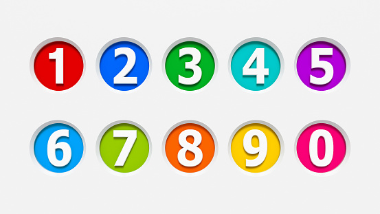 Color icons numbers set carved into the light gray surface, three-dimensional rendering