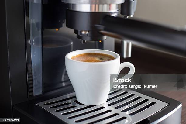 Brewing Tasty Espresso With Coffee Machine Stock Photo - Download Image Now - 2015, American Culture, Bar - Drink Establishment