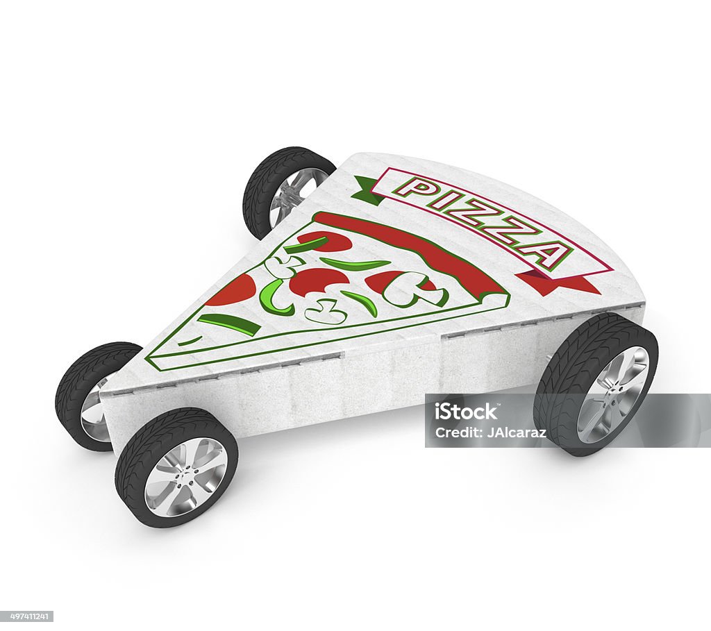 Take away Pizza Slice of pizza with wheels representing: Take away Pizza Cardboard Stock Photo