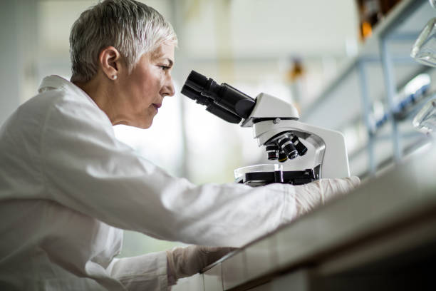 debajo de vista científico de mujer mirando a través de un microscopio. - women scientist indoors science fotografías e imágenes de stock