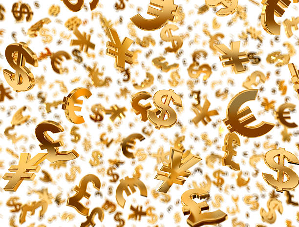 Golden currency symbols raining. Golden currency symbols falling on the white background. wish yuan stock pictures, royalty-free photos & images