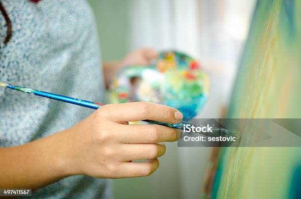 Artist Working On A Painting Stock Photo - Download Image Now - Easel, Outdoors, Painting - Activity
