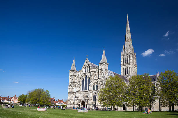 Exterior view of Salisbury cathedral in Wiltshire, UK. This imposing building holds one of the 4 remaining copies of the Magna Carta.