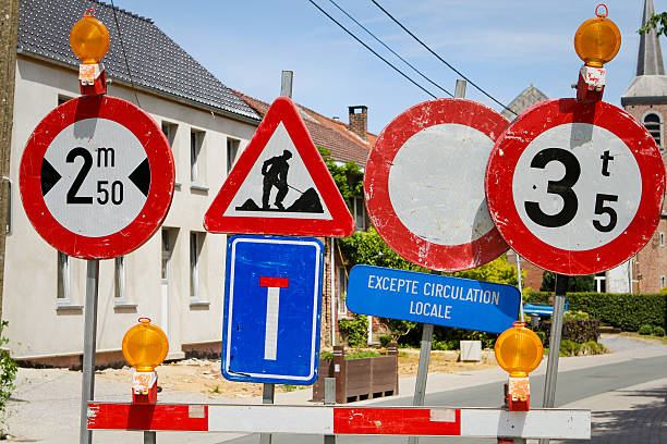 istock Road signs blocked road workers 2.5m large and 3.5 tons 497413041