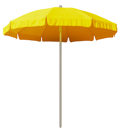 Yellow beach umbrella isolated on white. Clipping path included.