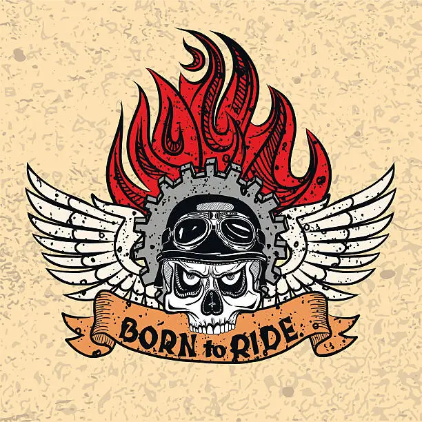 Vector illustration of Vintage Biker Skull with wings and flame