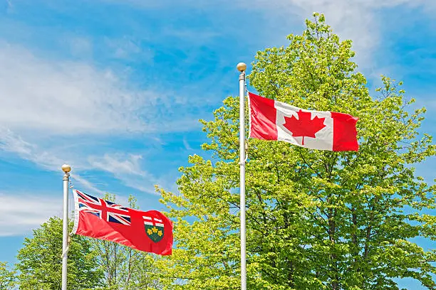 Photo of Canadian and Ontario flag, trees and sky at the background.