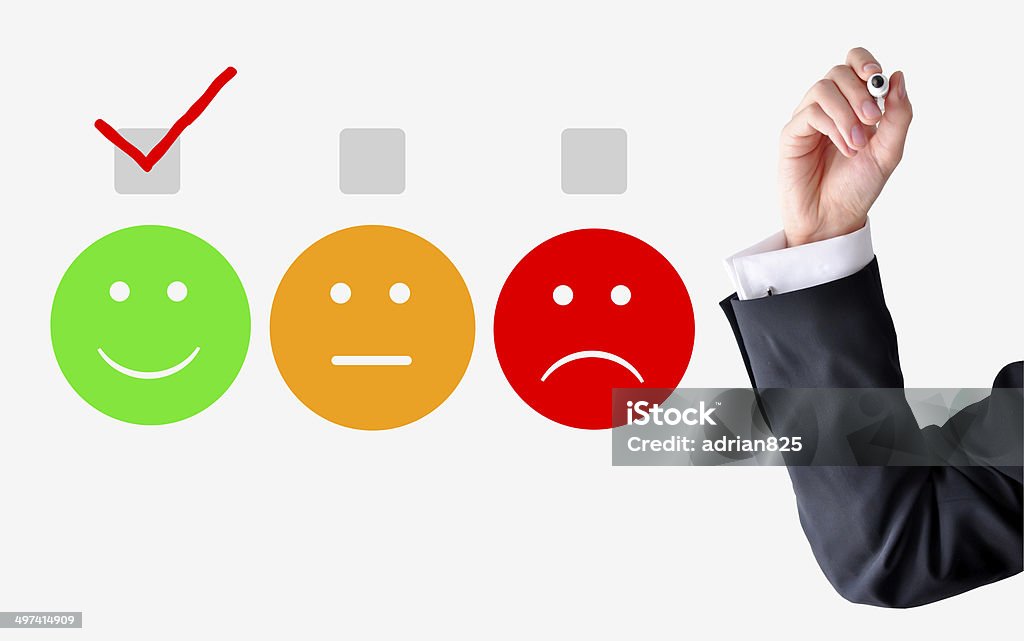 Customer satisfaction concept Customer satisfaction concept with businessman hand drawing smiley faces on transparent background Customer Stock Photo