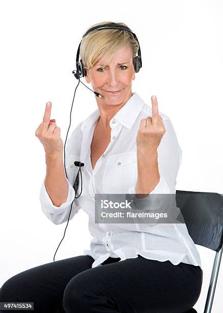 Manager Woman With The Headsets Doing Midle Finger Stock Photo - Download Image Now - Call Center, Women, Cut Out