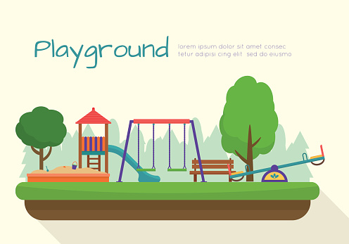 Kids playground set. Icons with kids swings and objects. Flat style vector illustration.