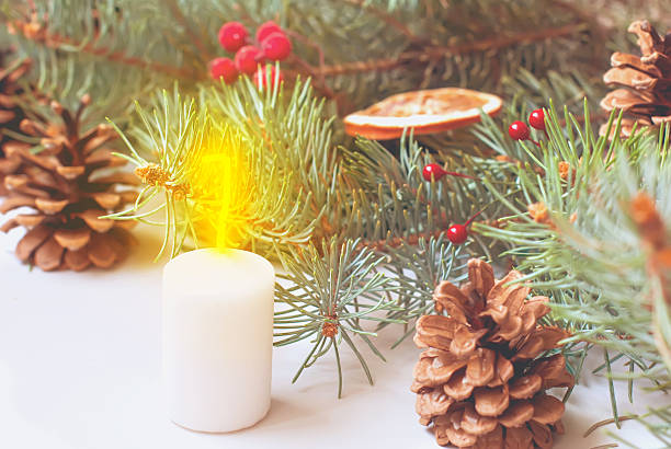 istock Christmas ball on green spruce branches Christmas card 497419222