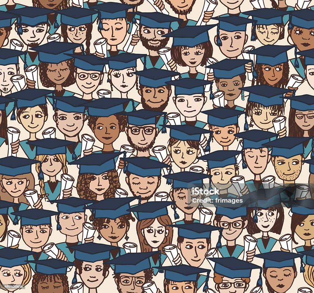 Graduation - hand drawn seamless pattern in colour Hand drawn seamless pattern of a group of cartoon students with graduation caps and their degree in their hands Graduation stock vector