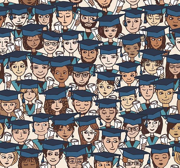Graduation - hand drawn seamless pattern in colour Hand drawn seamless pattern of a group of cartoon students with graduation caps and their degree in their hands graduation designs stock illustrations
