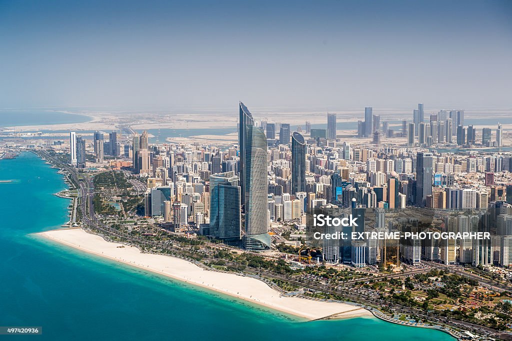 Abu Dhabi skyscrapers viewed from the sky Part of Abu Dhabi, UAE with surrounding area wiewed from helicopter. Many details are visible in the image. Abu Dhabi Stock Photo