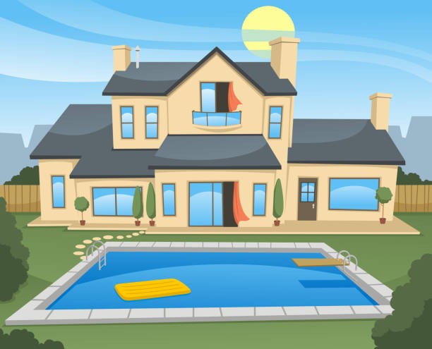 Family House with pool vector art illustration