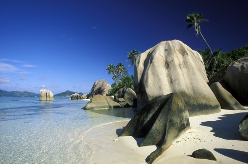 Africa, Indian Ocean, Seychelles, Island, Beach, Travel, Holidays, Sea, Beach, La Digue, A dream beach on the west coast of the island of La Digue and the Seychelles archipelago in the Indian Ocean off Africa.