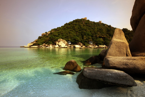 The beach and island landscape on the island of Koh Naang Yuan next to the island of Ko Tao in the Gulf of Thailand in the southwest of Thailand in South-East Asia.