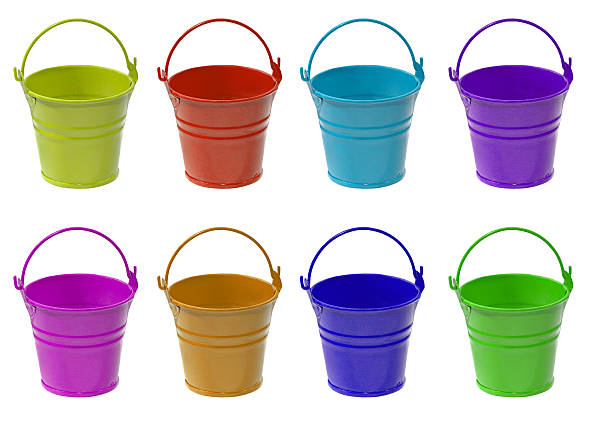 istock Set of multicolored empty buckets.Isolated. 497433675