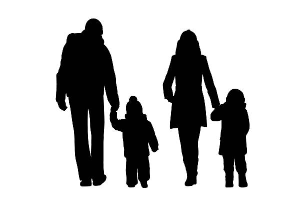 family walking outdoor silhouettes set 1 black silhouettes of a family with two little children walking outdoor holding their hands by cold weather, back view human back photos stock illustrations
