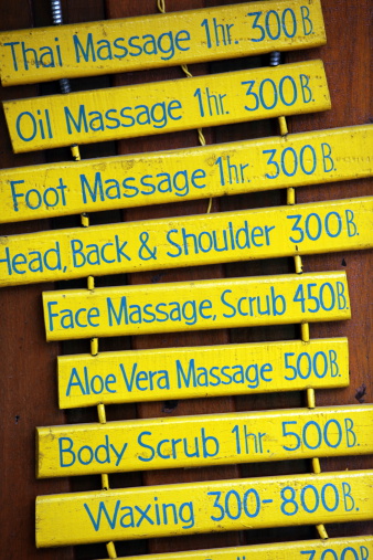 A massage shop on the island of Ko Tao in the Gulf of Thailand in the southwest of Thailand in South East Asia.
