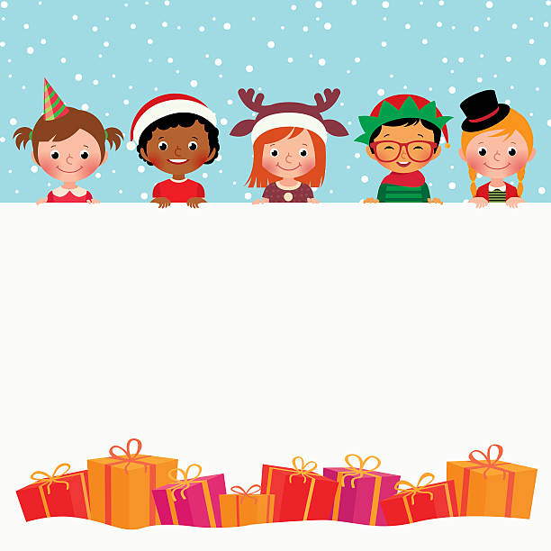 ilustraciones, imágenes clip art, dibujos animados e iconos de stock de grupo de niños en el vestuario y regalos de navidad - gift santa claus christmas present christmas