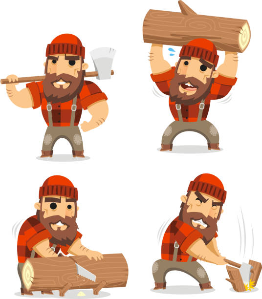 Lumberjack timber cutting wood Lumberjack timber cutting wood, vector illustration cartoon.  lumberjack stock illustrations
