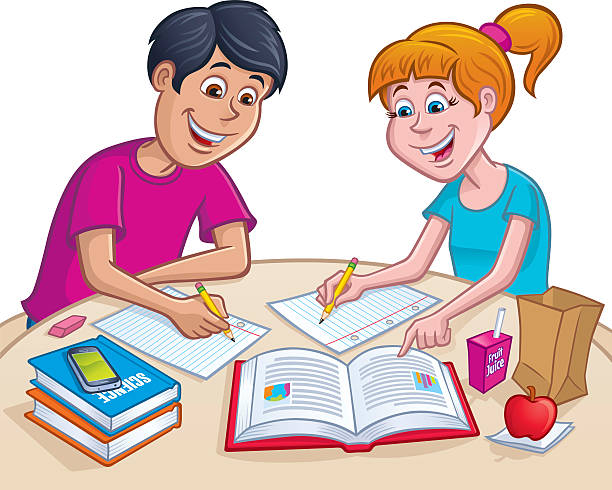 Teens Working On Homework At Lunch Time Cartoon illustration of a teenaged boy and girl working on homework at lunch time. Books, cell phone, eraser, an apple and lunch sack are on the table as well. gir forest national park stock illustrations